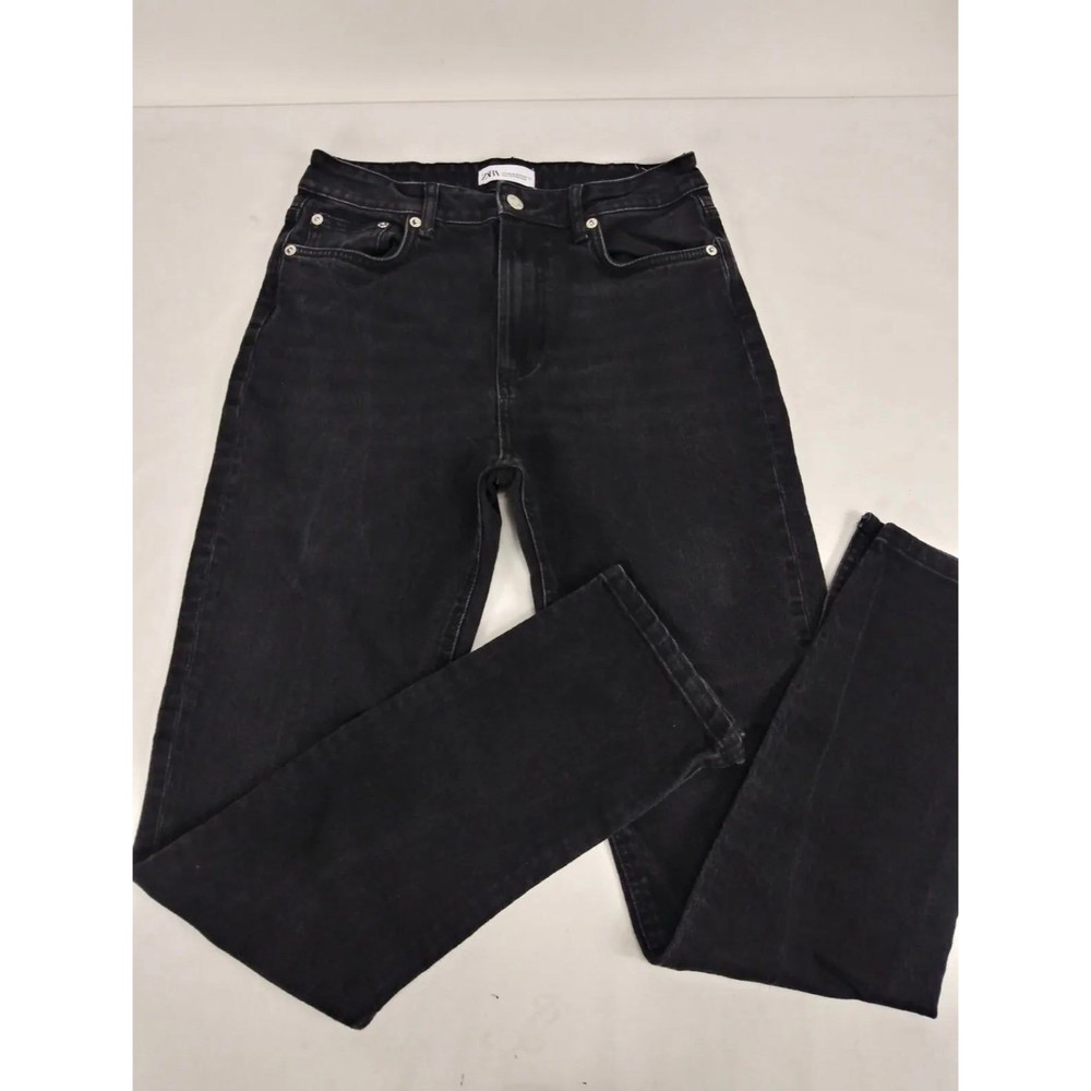 ZARA High Rise Straight Leg Mom Jeans Black Slit Ankle Size 10 Skinny Denim
